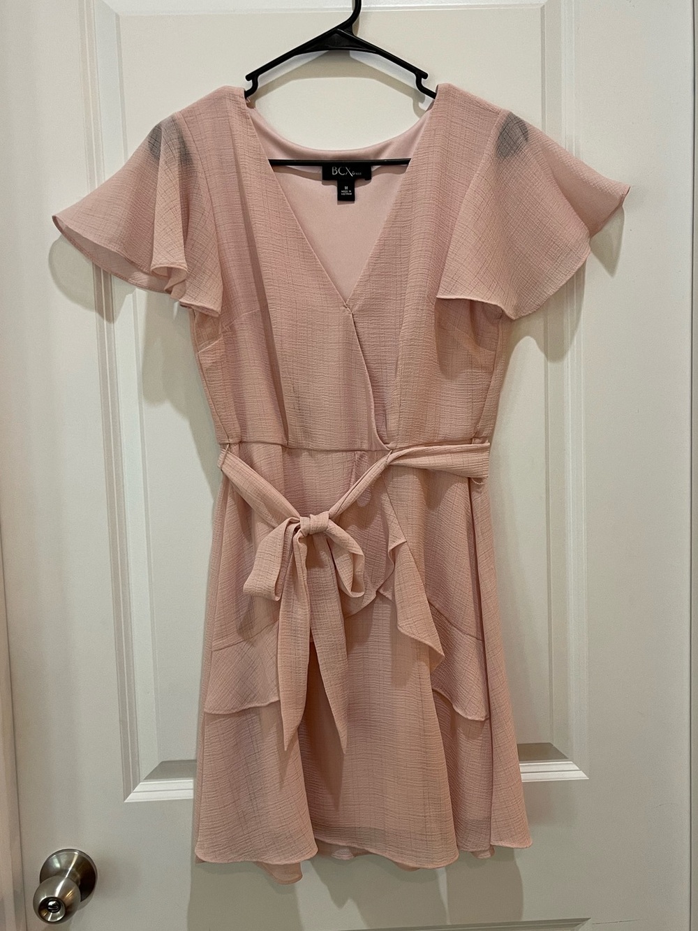 BCX Dress Blush Pink Faux Wrap Tiered Mini Dress Flutter Sleeve M